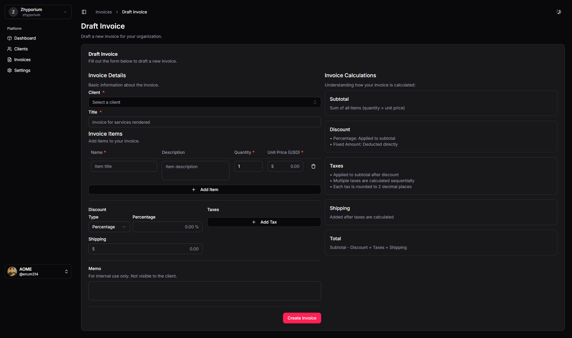 Invoice creation form with basic details section